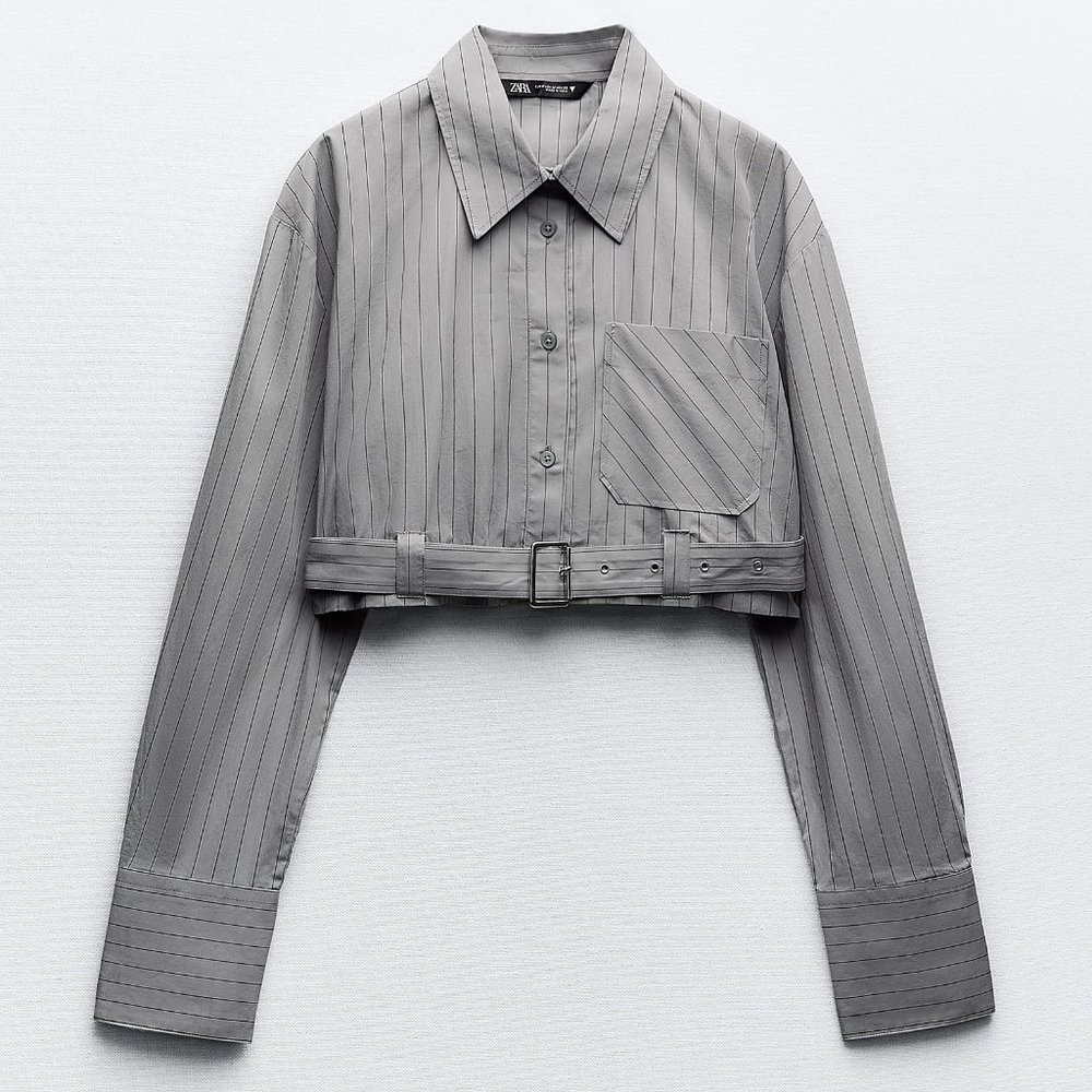 ZARA STRIPED CROPPED SHIRT WITH BELT SZ XXL - Grey 7200/015 NWT